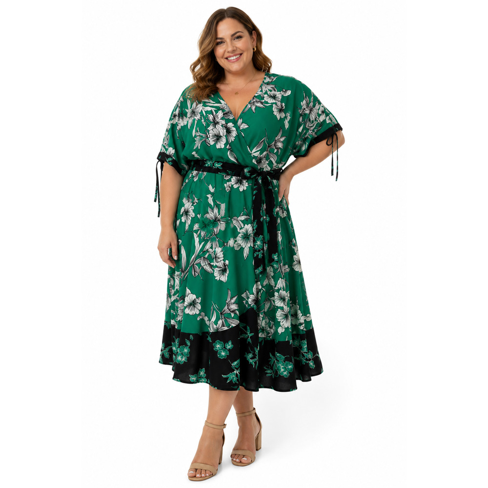 Lane Bryant Green White V-Neck Floral Midi Elastic Waist Wrap Look Dress sz 18